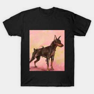 Impressionistic Painting of a Pinscher on Pinkish Yellow Background T-Shirt